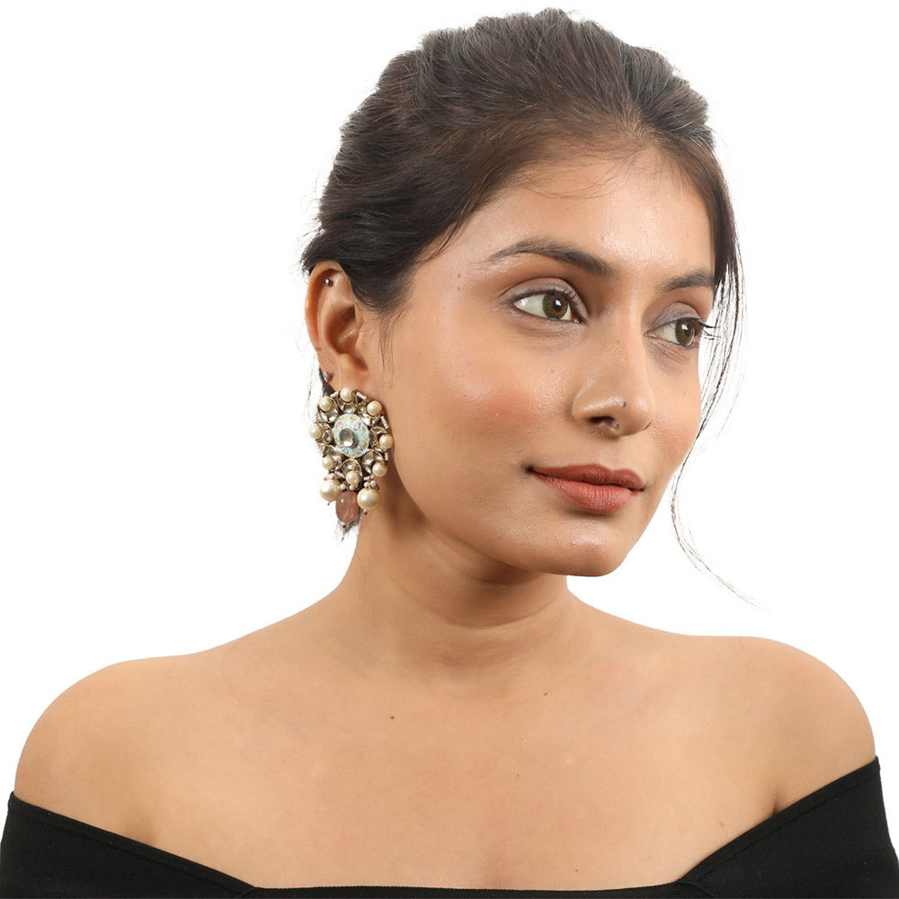 RIANA JEWELLERY Firozi Minakari Earring with Pink Drop