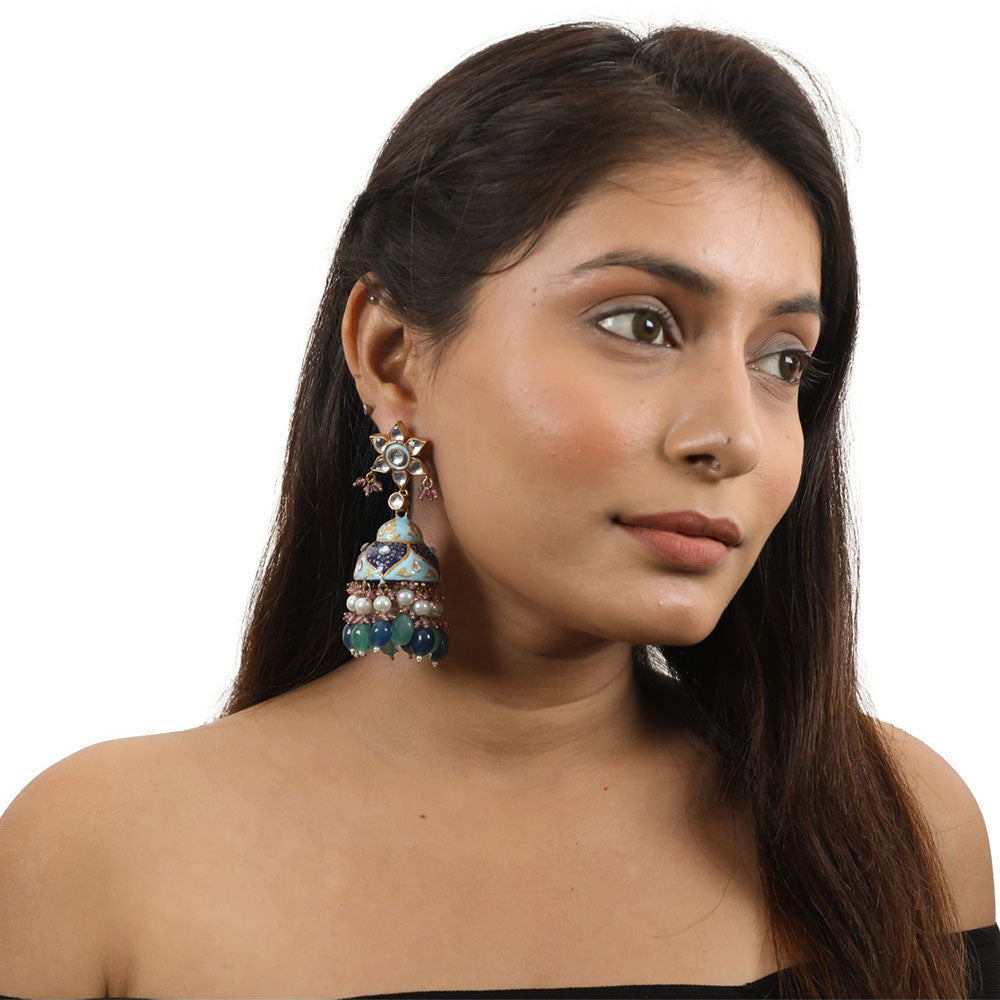 RIANA JEWELLERY Firozi Minakari Jhumki with White Pearl & Sea Green Beads