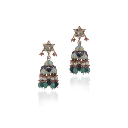 RIANA JEWELLERY Firozi Minakari Jhumki with White Pearl & Sea Green Beads
