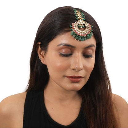 RIANA JEWELLERY Pink Stone Sea Green Beads Flower Work White Jadtar Stone Tikka