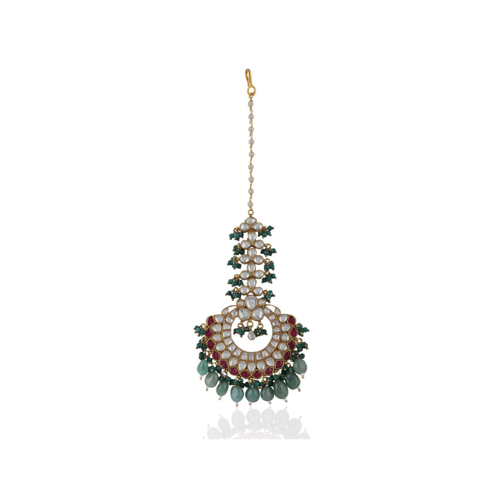 RIANA JEWELLERY Pink Stone Sea Green Beads Flower Work White Jadtar Stone Tikka