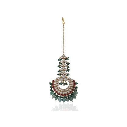 RIANA JEWELLERY Pink Stone Sea Green Beads Flower Work White Jadtar Stone Tikka