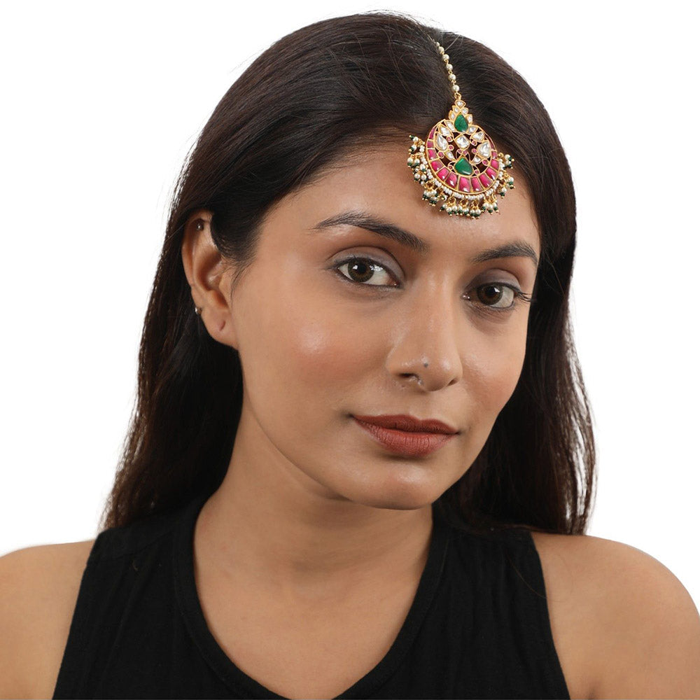 RIANA JEWELLERY Pink & Green Jadtar Maang Tikka
