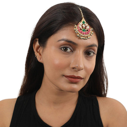 RIANA JEWELLERY Pink & Green Jadtar Maang Tikka