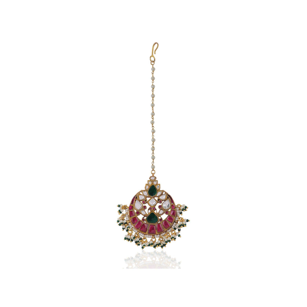 RIANA JEWELLERY Pink & Green Jadtar Maang Tikka