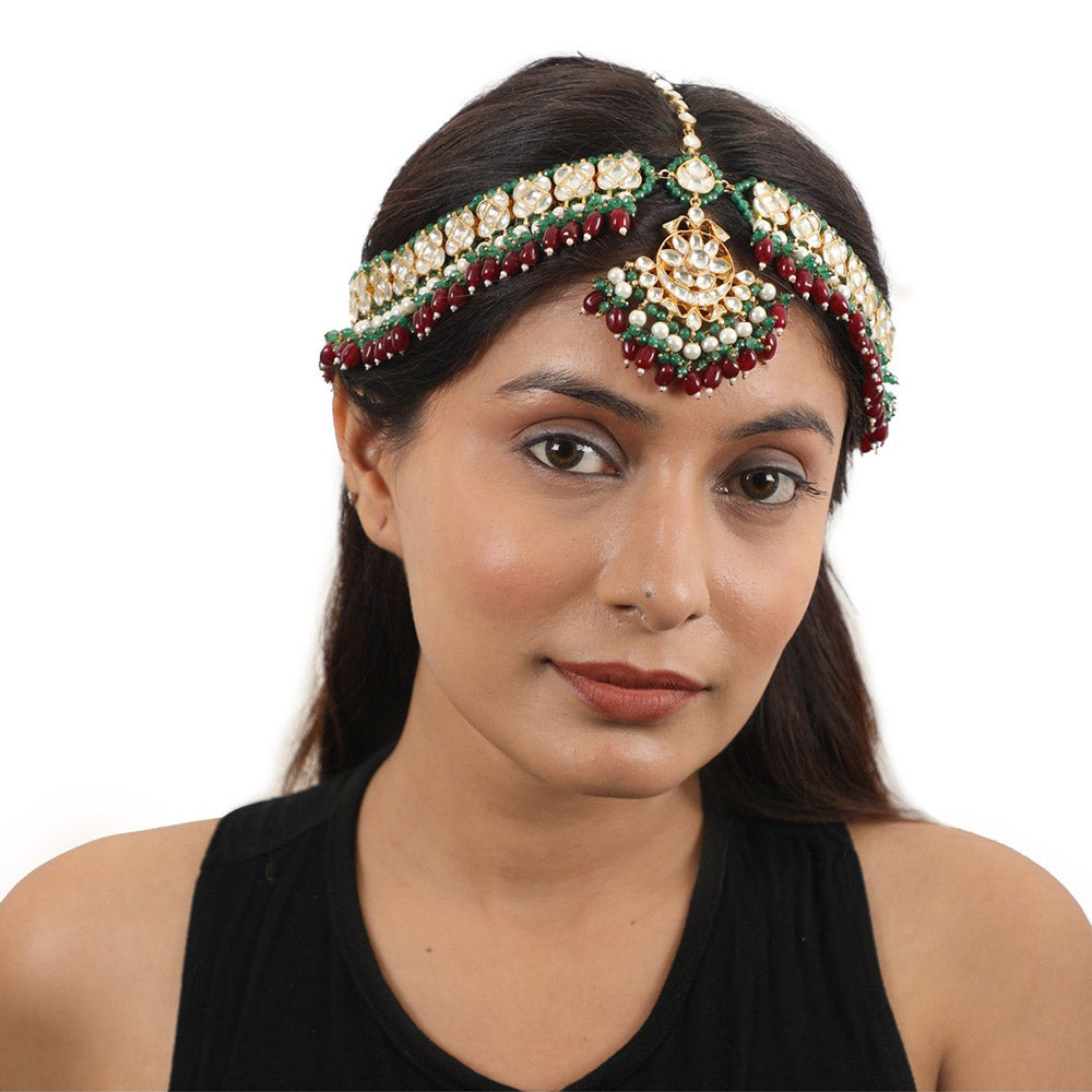 RIANA JEWELLERY Jadtar Mathapatti with Green Border Beads & Ruby Drop Hangings