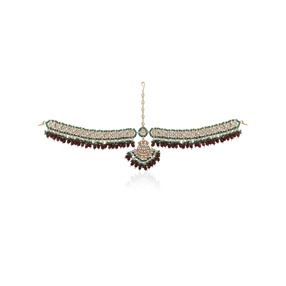 RIANA JEWELLERY Jadtar Mathapatti with Green Border Beads & Ruby Drop Hangings
