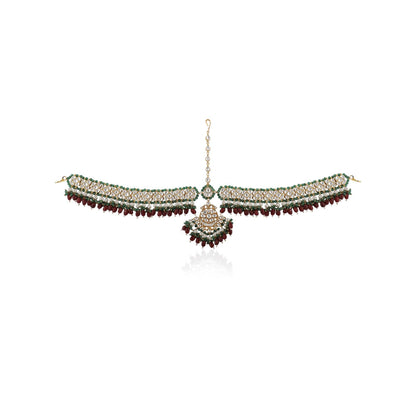 RIANA JEWELLERY Jadtar Mathapatti with Green Border Beads & Ruby Drop Hangings