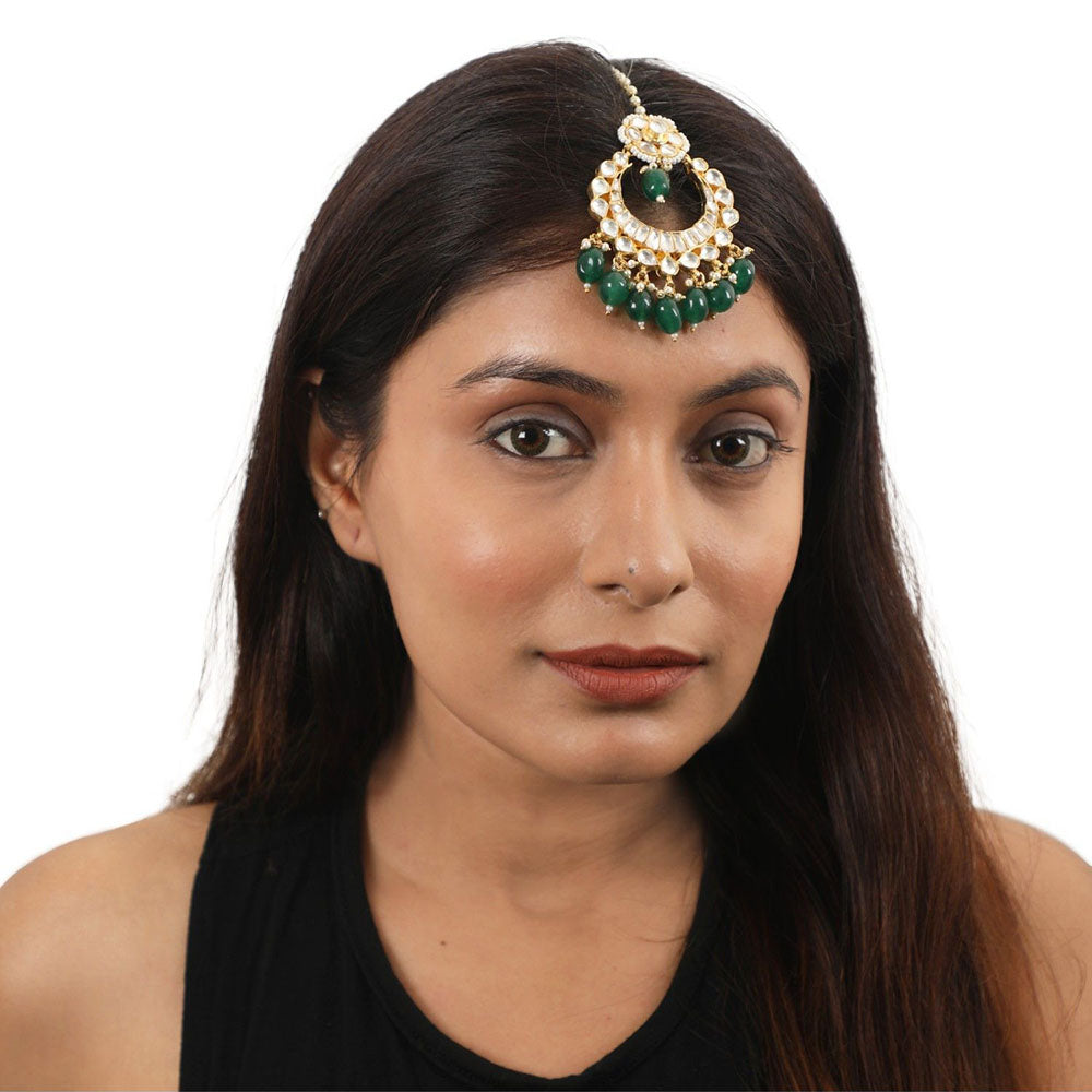 RIANA JEWELLERY Green Beads White Jadtar Tikka