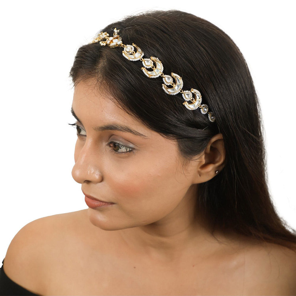 RIANA JEWELLERY Chand Shape Mathapatti Hairband Studded with White Jadtar Stones