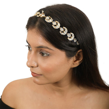 RIANA JEWELLERY Chand Shape Mathapatti Hairband Studded with White Jadtar Stones