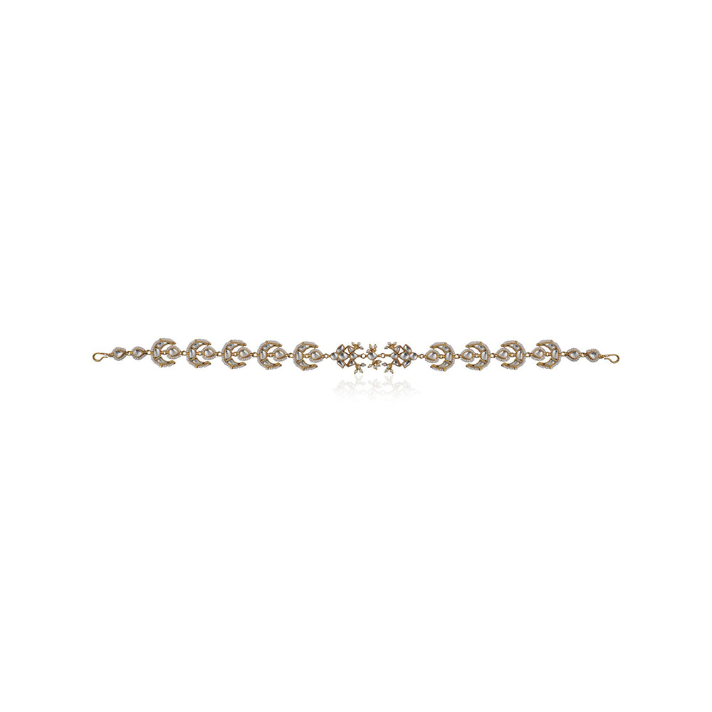 RIANA JEWELLERY Chand Shape Mathapatti Hairband Studded with White Jadtar Stones