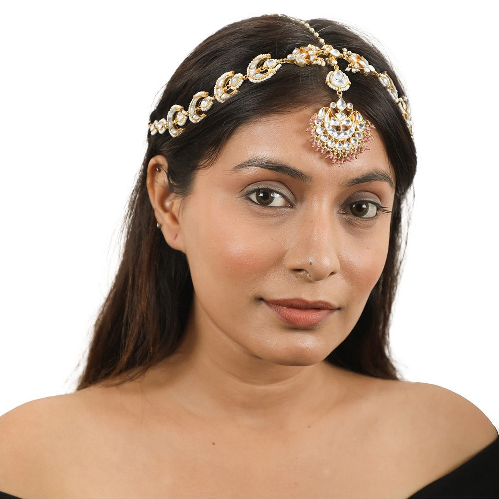 RIANA JEWELLERY White Chand Mathapatti with Pastel Pink Small Hangings