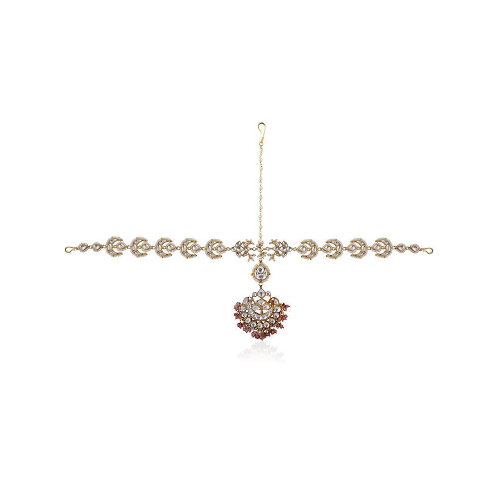 RIANA JEWELLERY White Chand Mathapatti with Pastel Pink Small Hangings