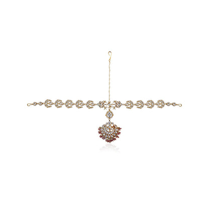 RIANA JEWELLERY White Chand Mathapatti with Pastel Pink Small Hangings