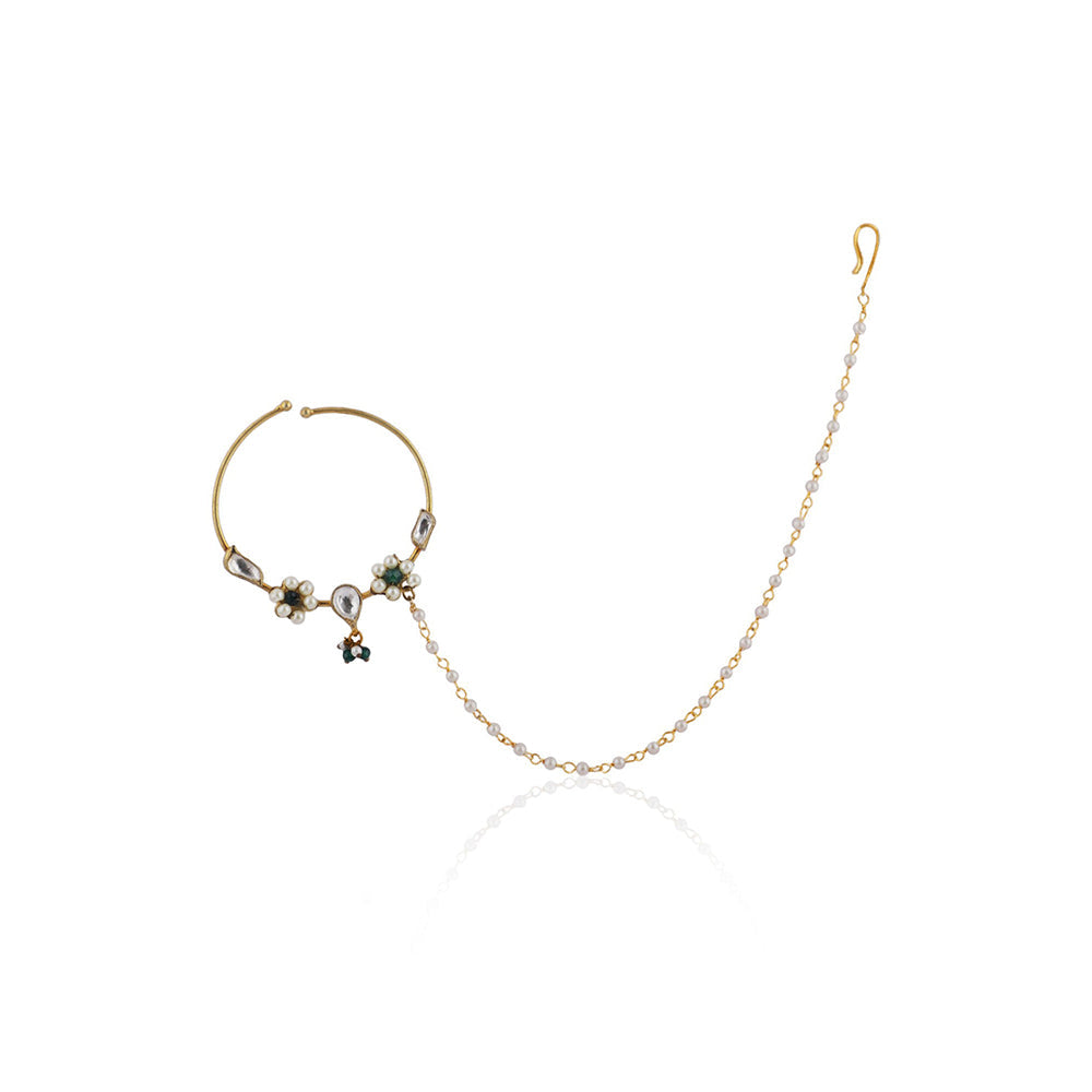 RIANA JEWELLERY Green Floral White Moti Nath