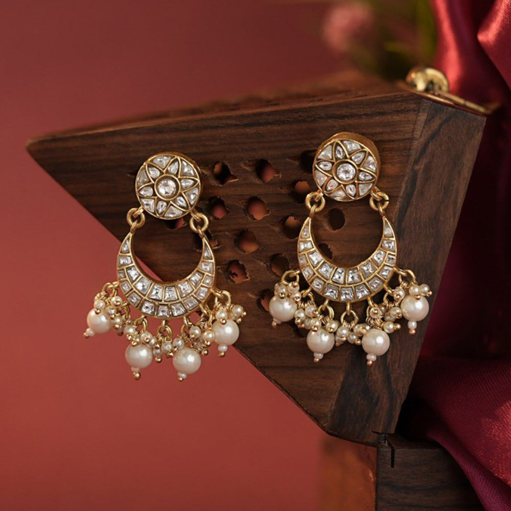 RIANA JEWELLERY Gold Plated Jadau White Small Chandbaali