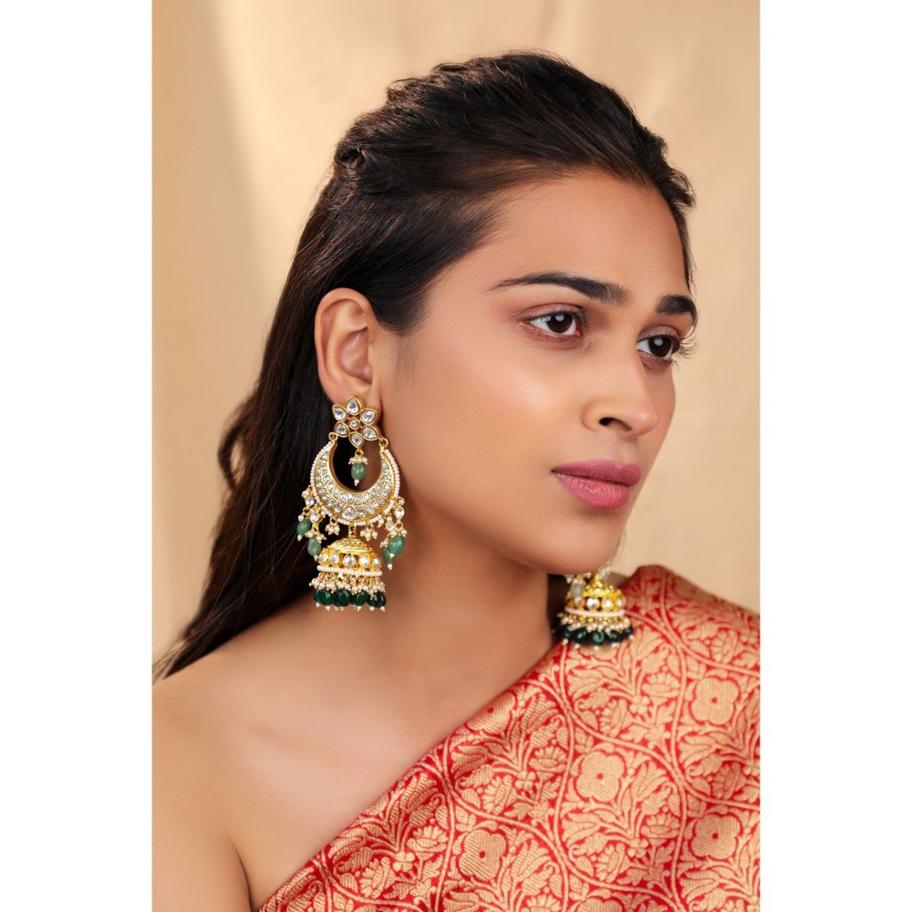 RIANA JEWELLERY Chand Bali Jhumki Earrings With Emerald Drops And Floral Tops
