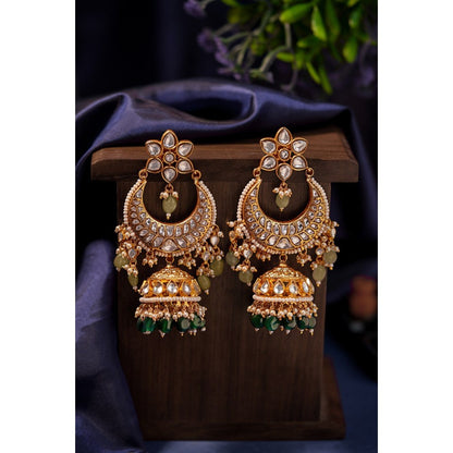 RIANA JEWELLERY Chand Bali Jhumki Earrings With Emerald Drops And Floral Tops