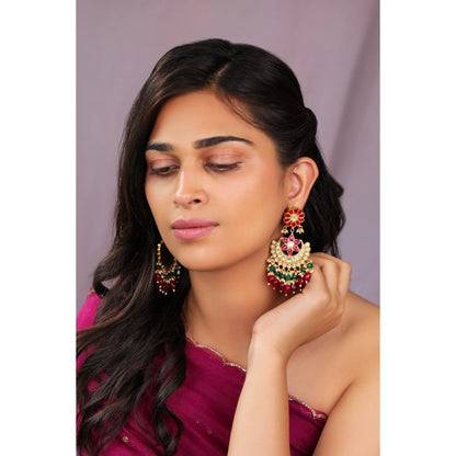 RIANA JEWELLERY Silver Chand Bali Drop Earrings With Ruby Beads In Floral Design