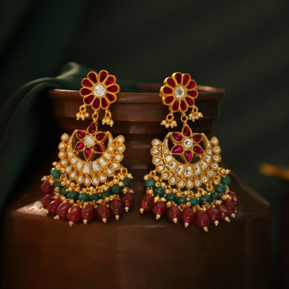 RIANA JEWELLERY Silver Chand Bali Drop Earrings With Ruby Beads In Floral Design
