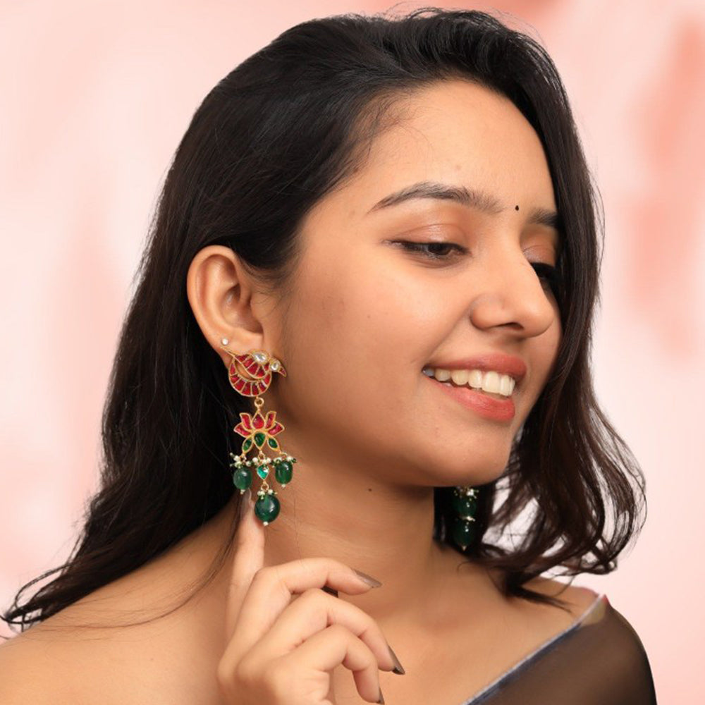 RIANA JEWELLERY Red & Green Peacock Design Earrings