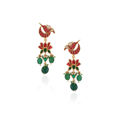 RIANA JEWELLERY Red & Green Peacock Design Earrings