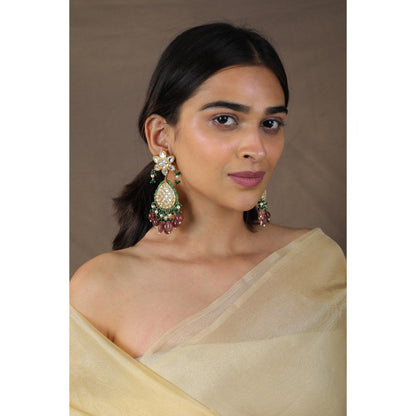 RIANA JEWELLERY 22Kt Gold Plated With Jadau Stone Pink Beaded Chand Bali Earrings