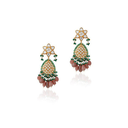 RIANA JEWELLERY 22Kt Gold Plated With Jadau Stone Pink Beaded Chand Bali Earrings