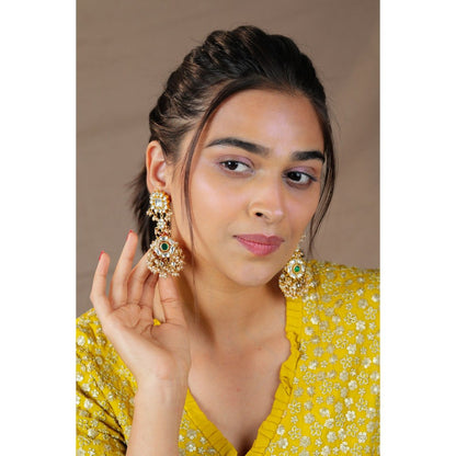RIANA JEWELLERY Gold Plated Round Shape Design White & Green Embedded Earrings
