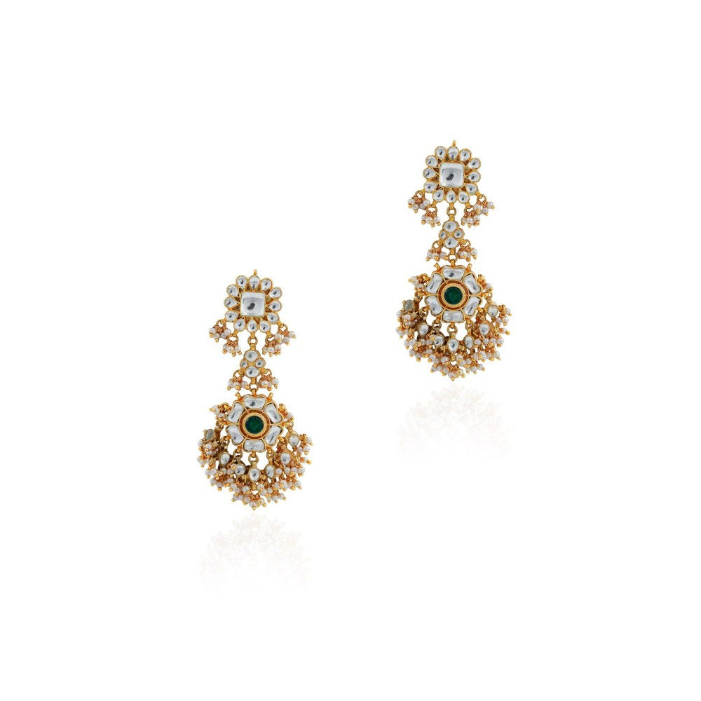 RIANA JEWELLERY Gold Plated Round Shape Design White & Green Embedded Earrings