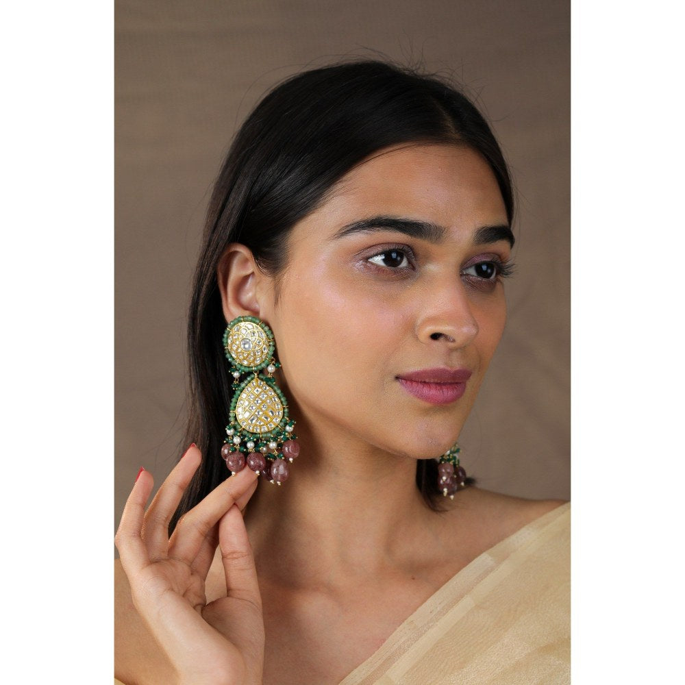 RIANA JEWELLERY Pastel Sea Green Beads Indian Jadau Earrings