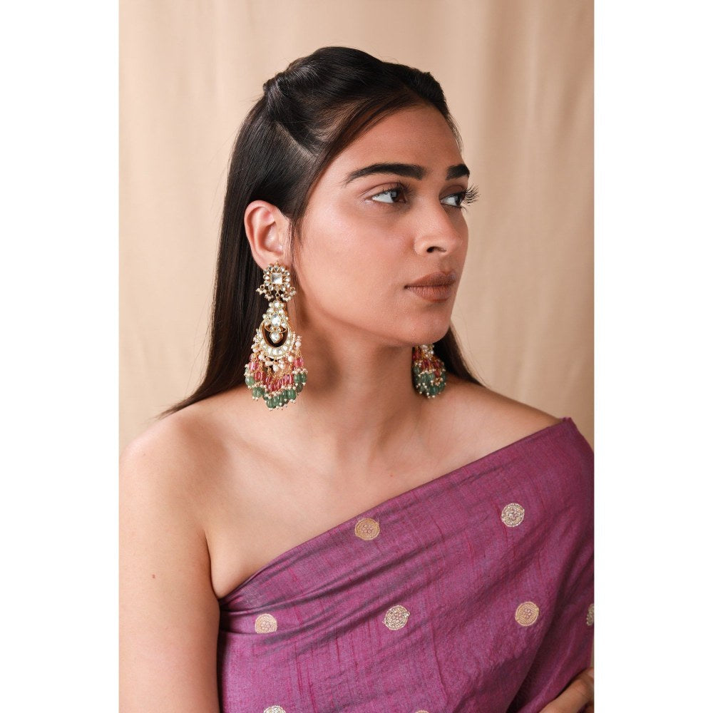 RIANA JEWELLERY Pastel Pink Green Long Earrings With White Jadau Stone