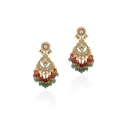 RIANA JEWELLERY Pastel Pink Green Long Earrings With White Jadau Stone