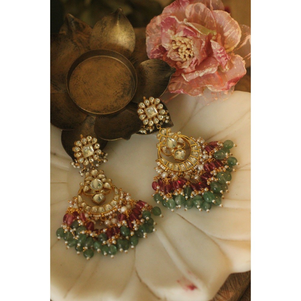 RIANA JEWELLERY Pastel Pink Green Long Earrings With White Jadau Stone