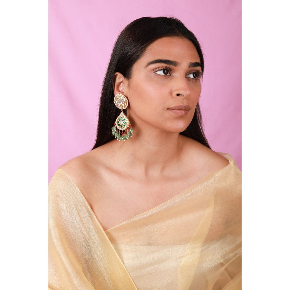 RIANA JEWELLERY Green Colour Gold Plated Jadtar Earrings
