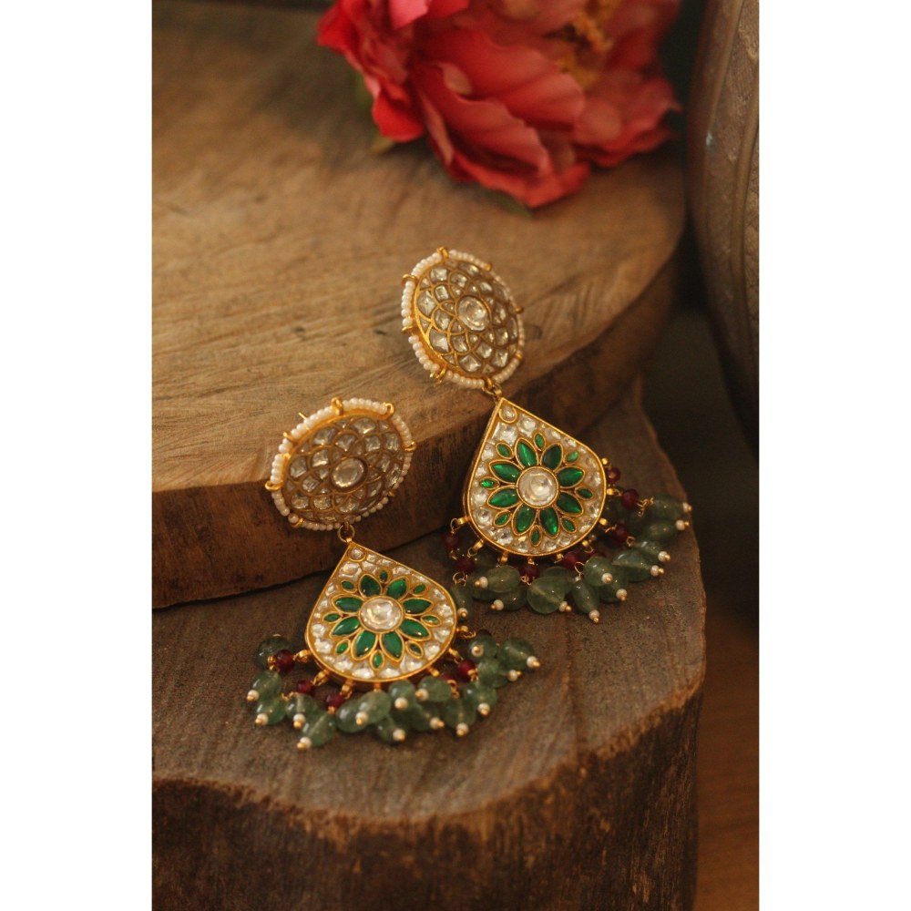 RIANA JEWELLERY Green Colour Gold Plated Jadtar Earrings