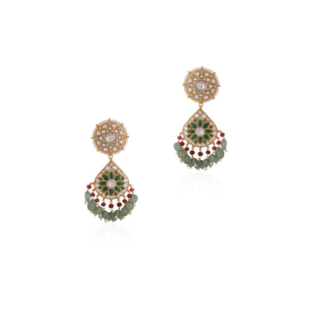 RIANA JEWELLERY Green Colour Gold Plated Jadtar Earrings