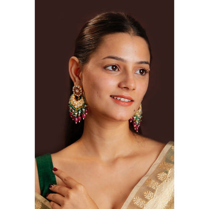 RIANA JEWELLERY Rani Pink Beaded With Sea Green Hangings Chand Bali