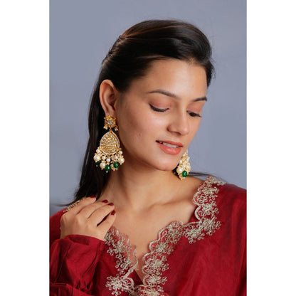 RIANA JEWELLERY 22Kt Gold Plated Green Emerald With Pearl Jadtar Earrings
