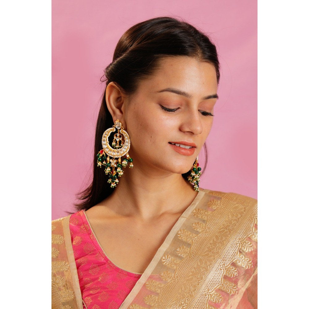 RIANA JEWELLERY Green Beaded White Jadtar Stone Chandbaali With Green Pink Hangings