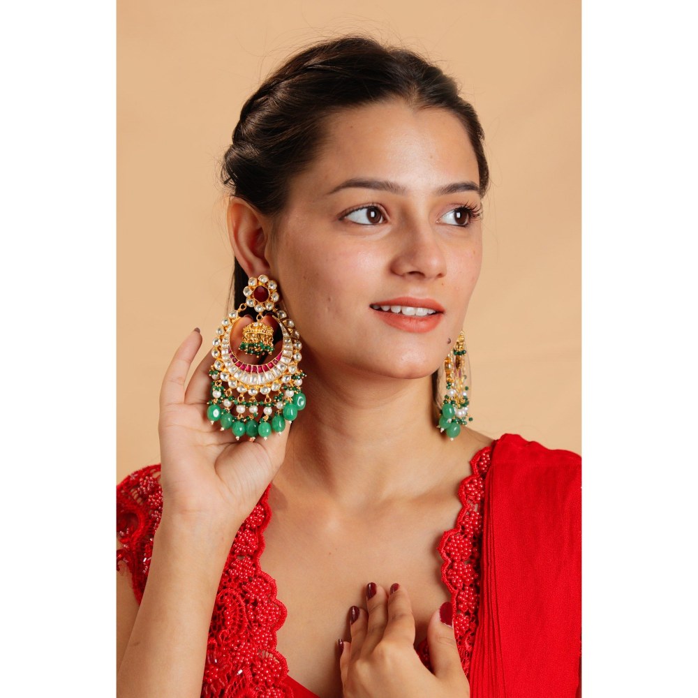 RIANA JEWELLERY Traditional Gold Plated Jadau Chandbaali With Sea Green Beads