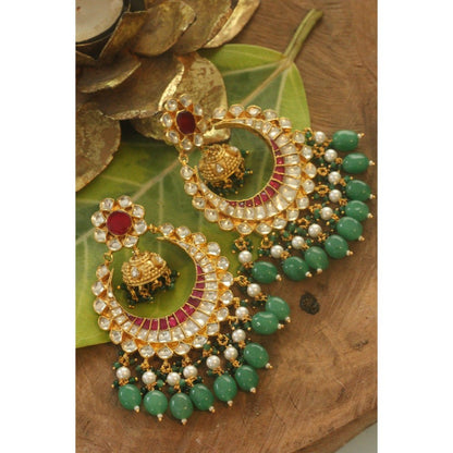 RIANA JEWELLERY Traditional Gold Plated Jadau Chandbaali With Sea Green Beads
