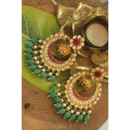 RIANA JEWELLERY Traditional Gold Plated Jadau Chandbaali With Sea Green Beads