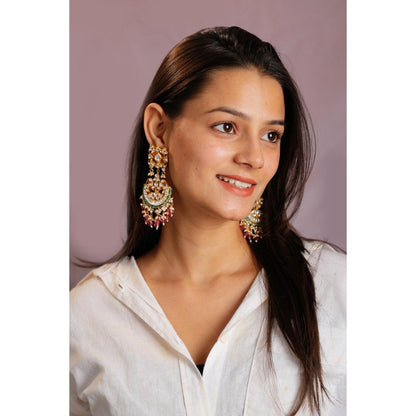 RIANA JEWELLERY Gold Plated Pink Beads Chandbali Earrings For Women