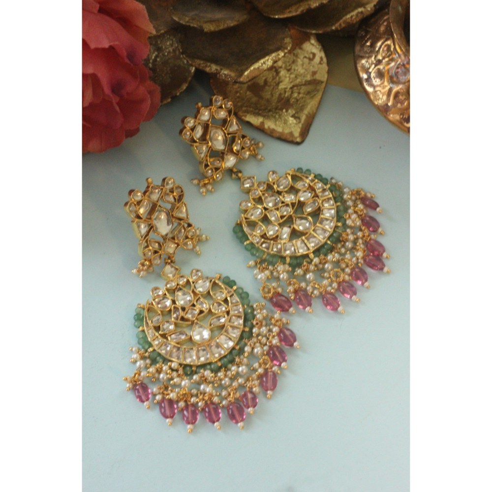 RIANA JEWELLERY Gold Plated Pink Beads Chandbali Earrings For Women