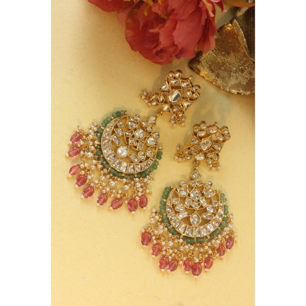 RIANA JEWELLERY Gold Plated Pink Beads Chandbali Earrings For Women