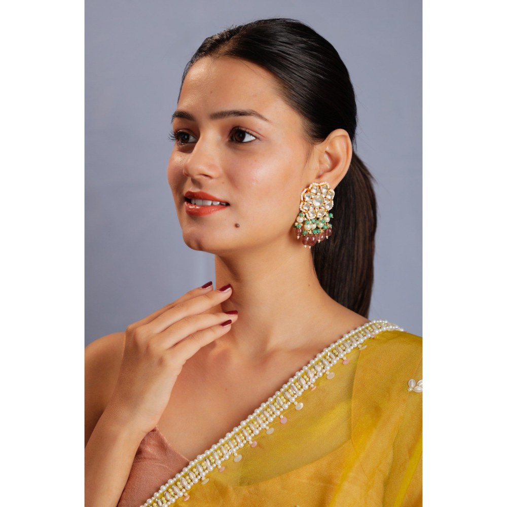RIANA JEWELLERY Pink Beaded White Jadtar Earrings