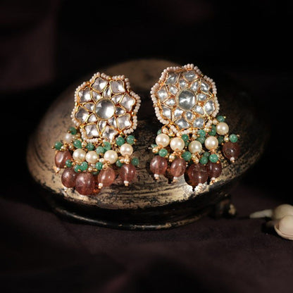 RIANA JEWELLERY Pink Beaded White Jadtar Earrings