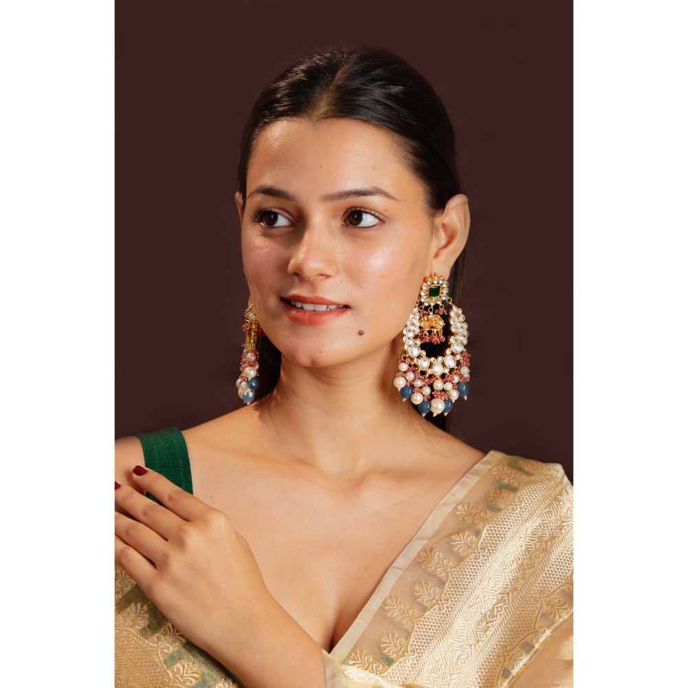 RIANA JEWELLERY Blue Beads With White Pearl Long Earrings